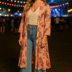 Bohemian Kimono Duster Peach Floral Unwritten Jacket Sheer Fairy Festival Medium